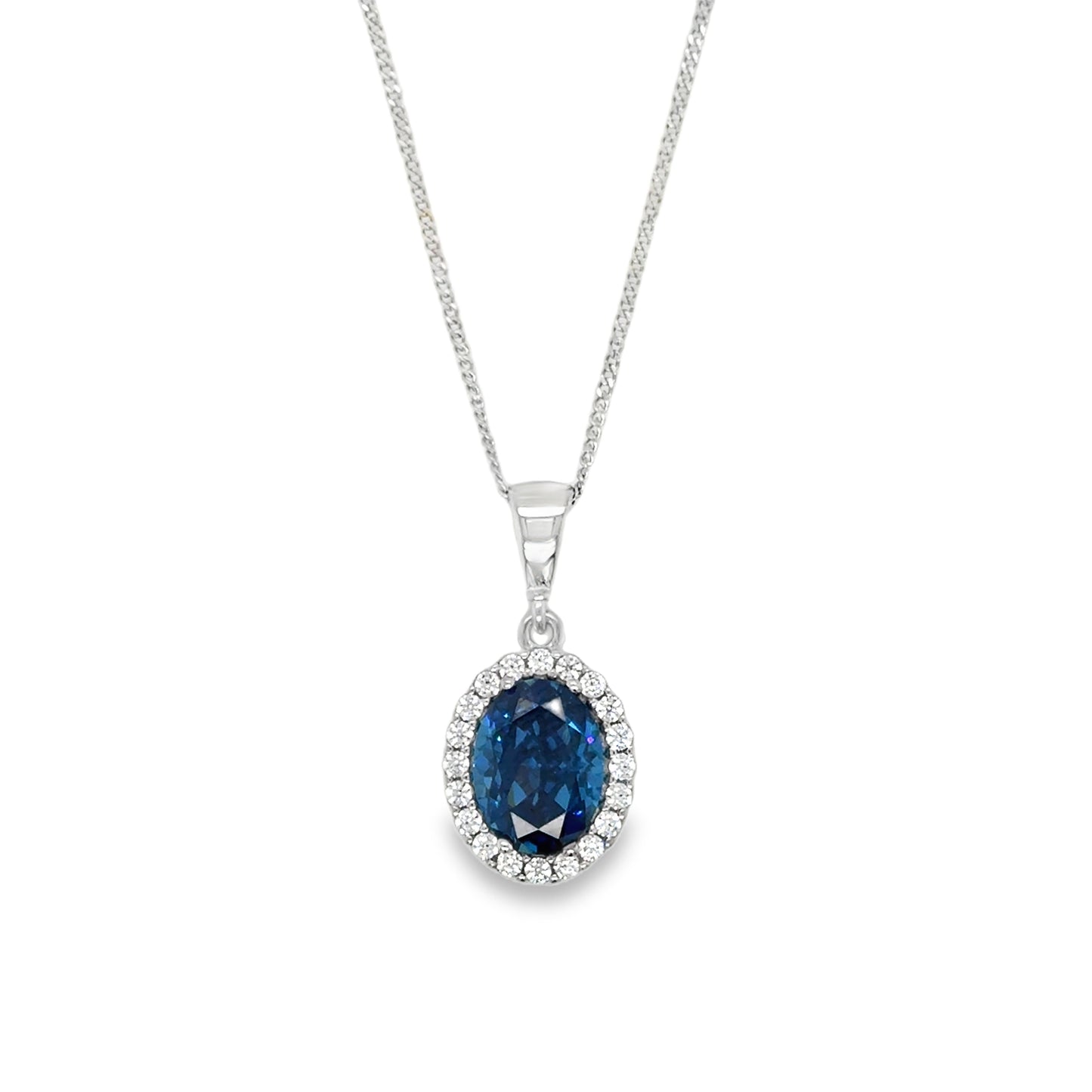 9ct White Gold Round Halo Cubic Zirconia and Blue Stone Pendant