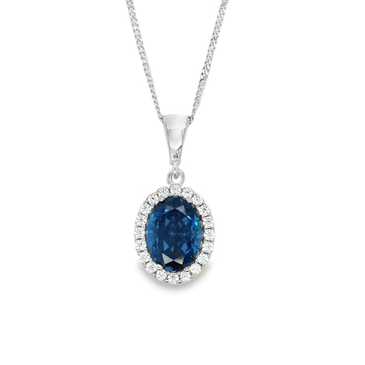 9ct White Gold Round Halo Cubic Zirconia and Blue Stone Pendant