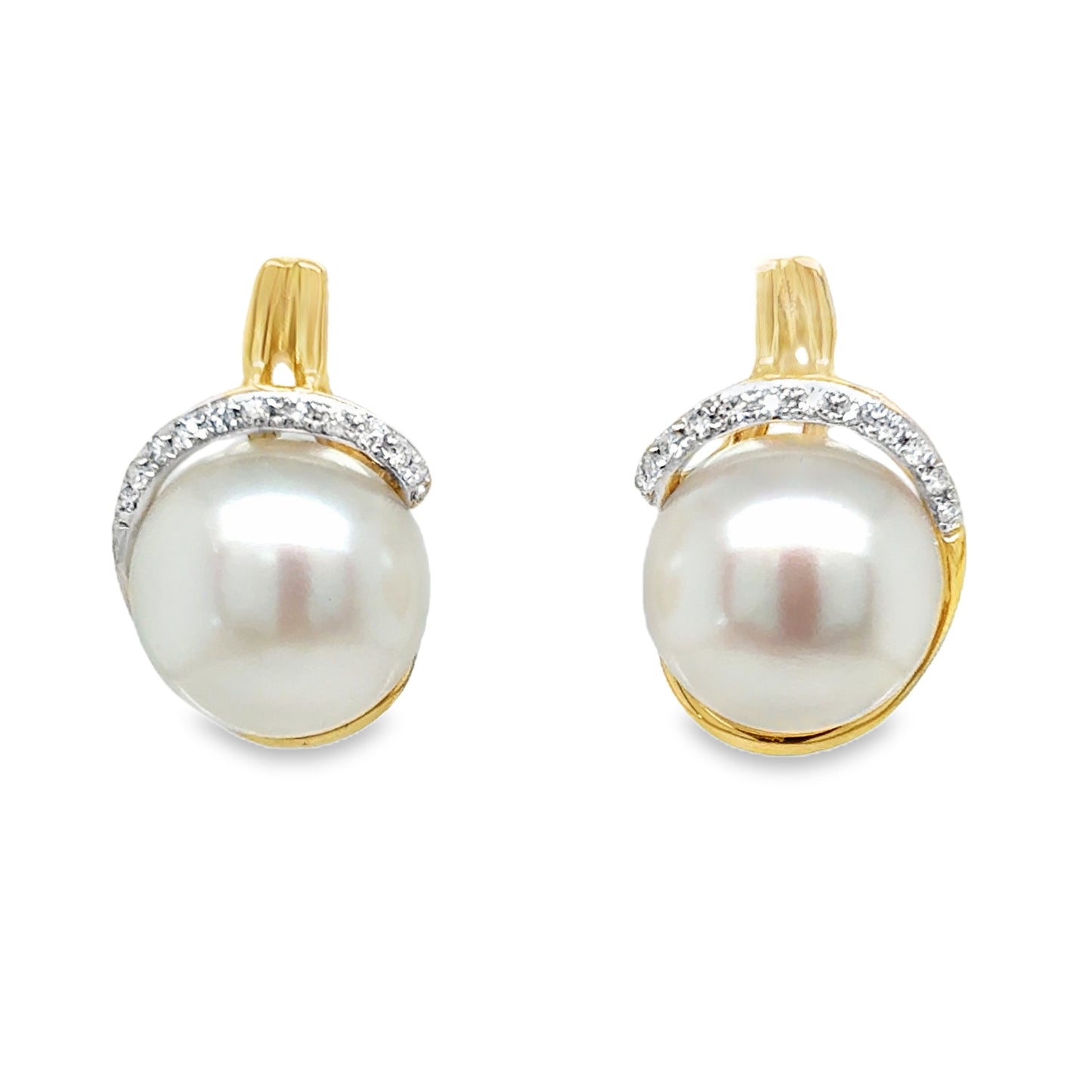 9ct Yellow Gold Freshwater Pearl Earrings with Diamond Swirl Halo .10ct