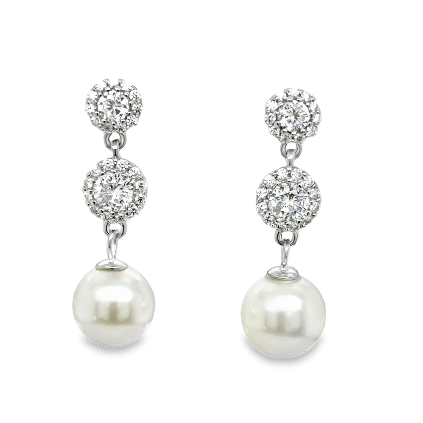 Sterling Silver 7mm Synthetic Pearl and CZ Cluster Drop Earrings