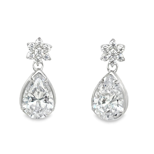 Sterling Silver Flower Cluster and Rubover Pear Drop Earrings