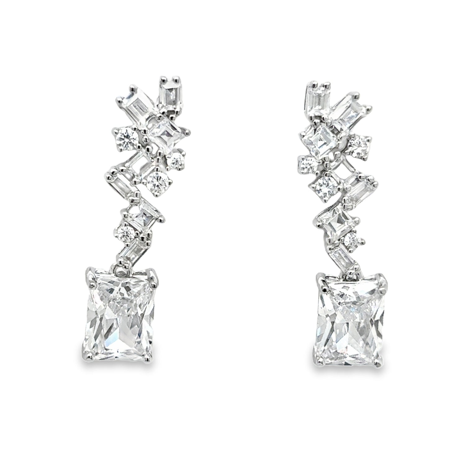 Sterling Silver Multi CZ Emerald Cut Drop Earrings