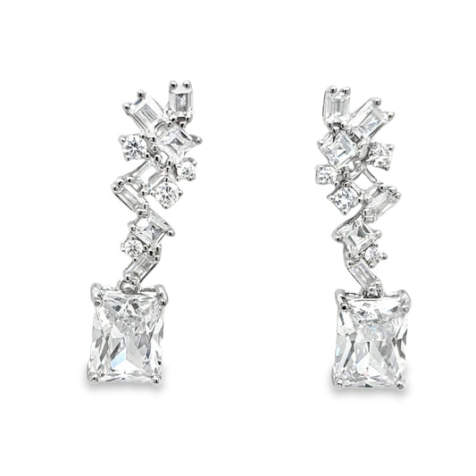 Sterling Silver Multi CZ Emerald Cut Drop Earrings
