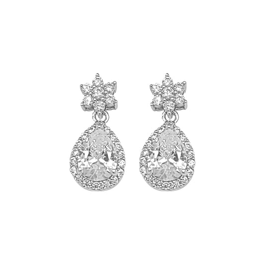 Sterling Silver CZ Pear Halo Drop Earrings