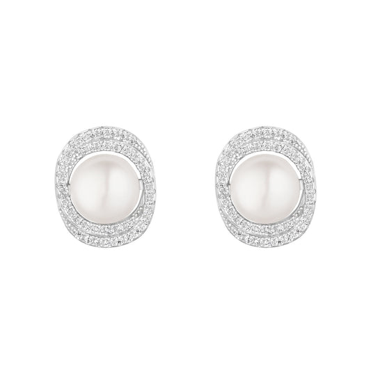 Sterling Silver Freshwater Pearl CZ Double Halo Earrings