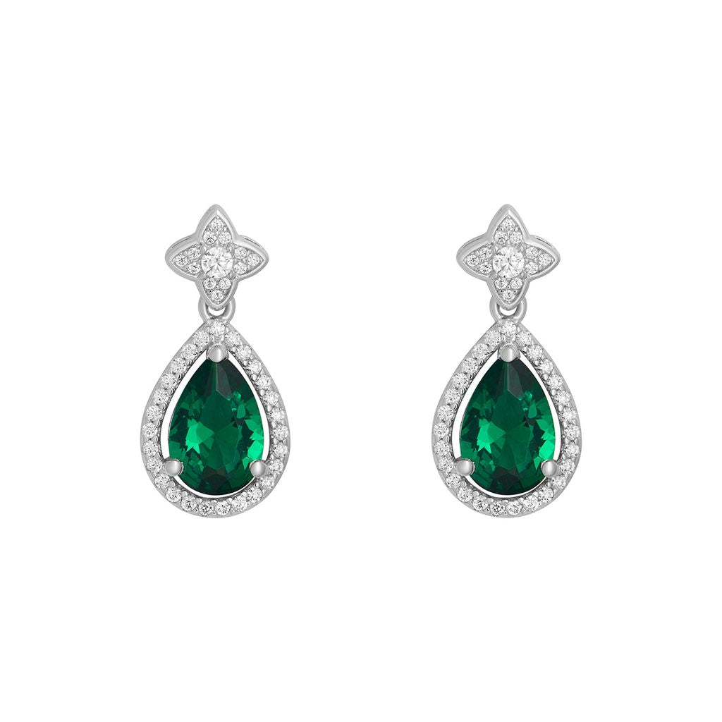Sterling Silver Green CZ Pear Halo Drop Earrings