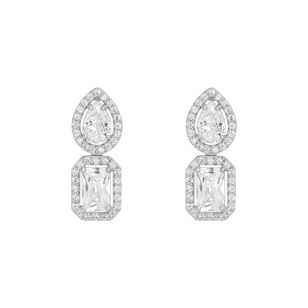 Sterling Silver CZ Emeral Cut & Pear Halo Drop Earrings
