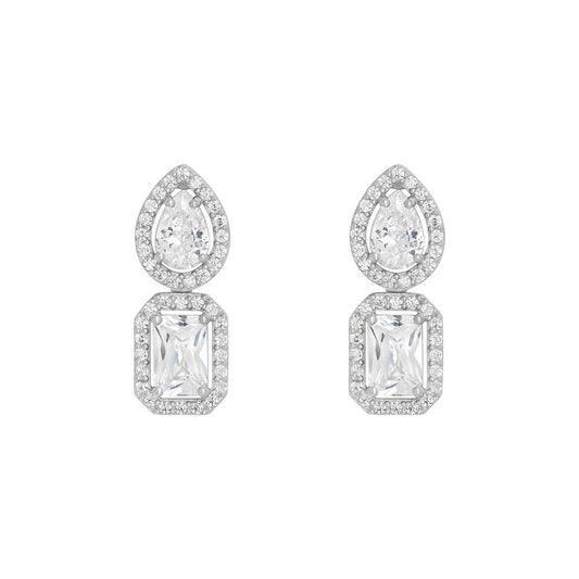Sterling Silver CZ Emeral Cut & Pear Halo Drop Earrings