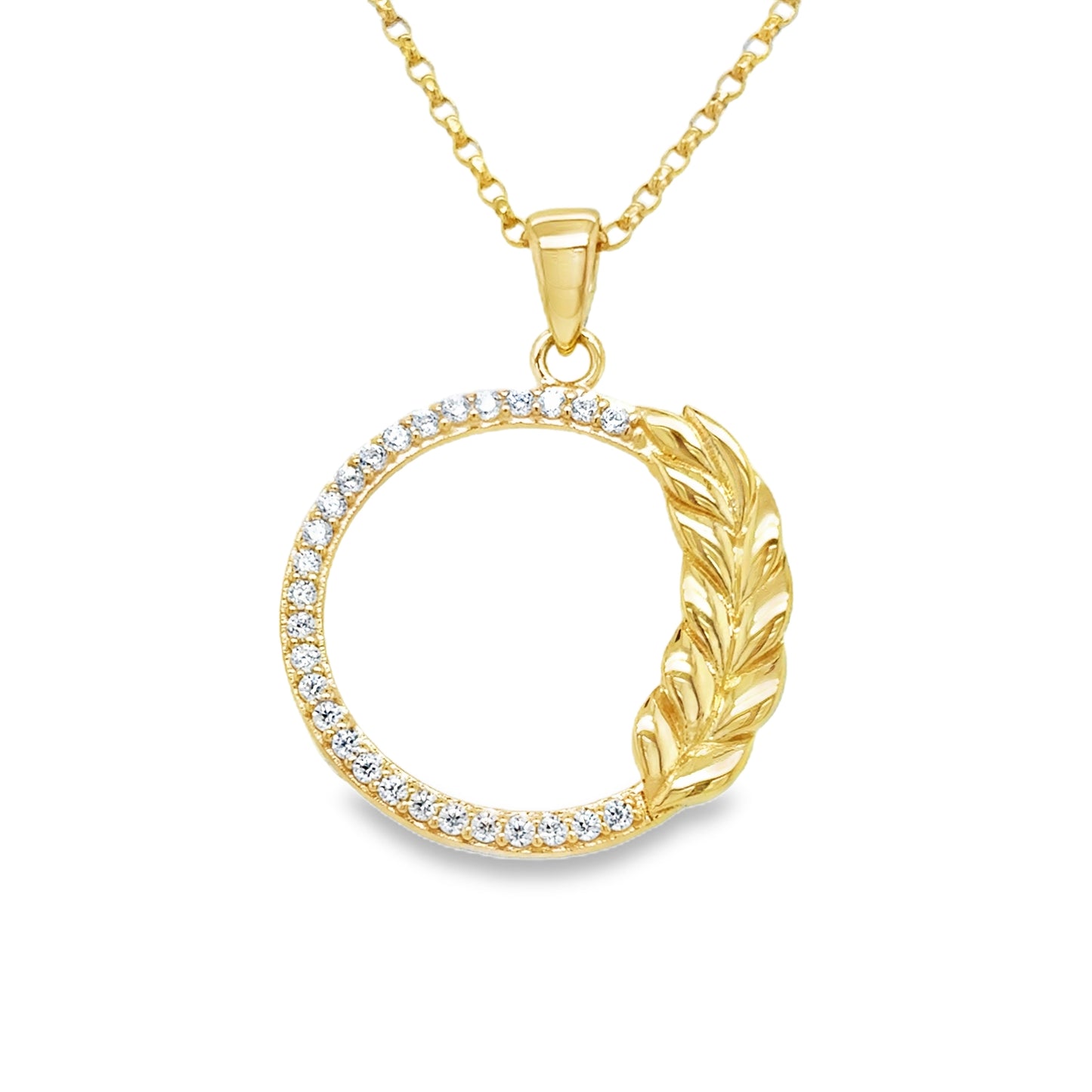 9ct Yellow Gold Open CZ Circle Pendant with Wheat Detail