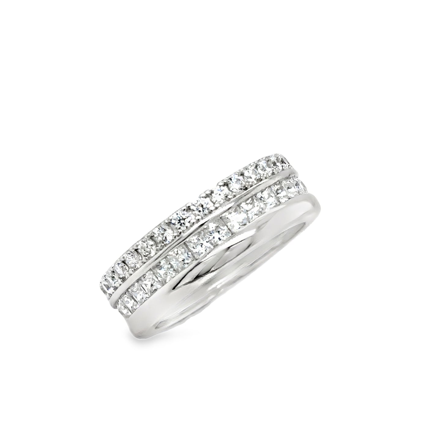 Sterling Silver CZ & Polished 3 Row Band