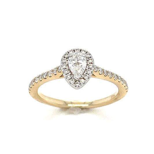 14ct Pear Solitaire Halo Ring With Diamond Set Shoulders .30ct