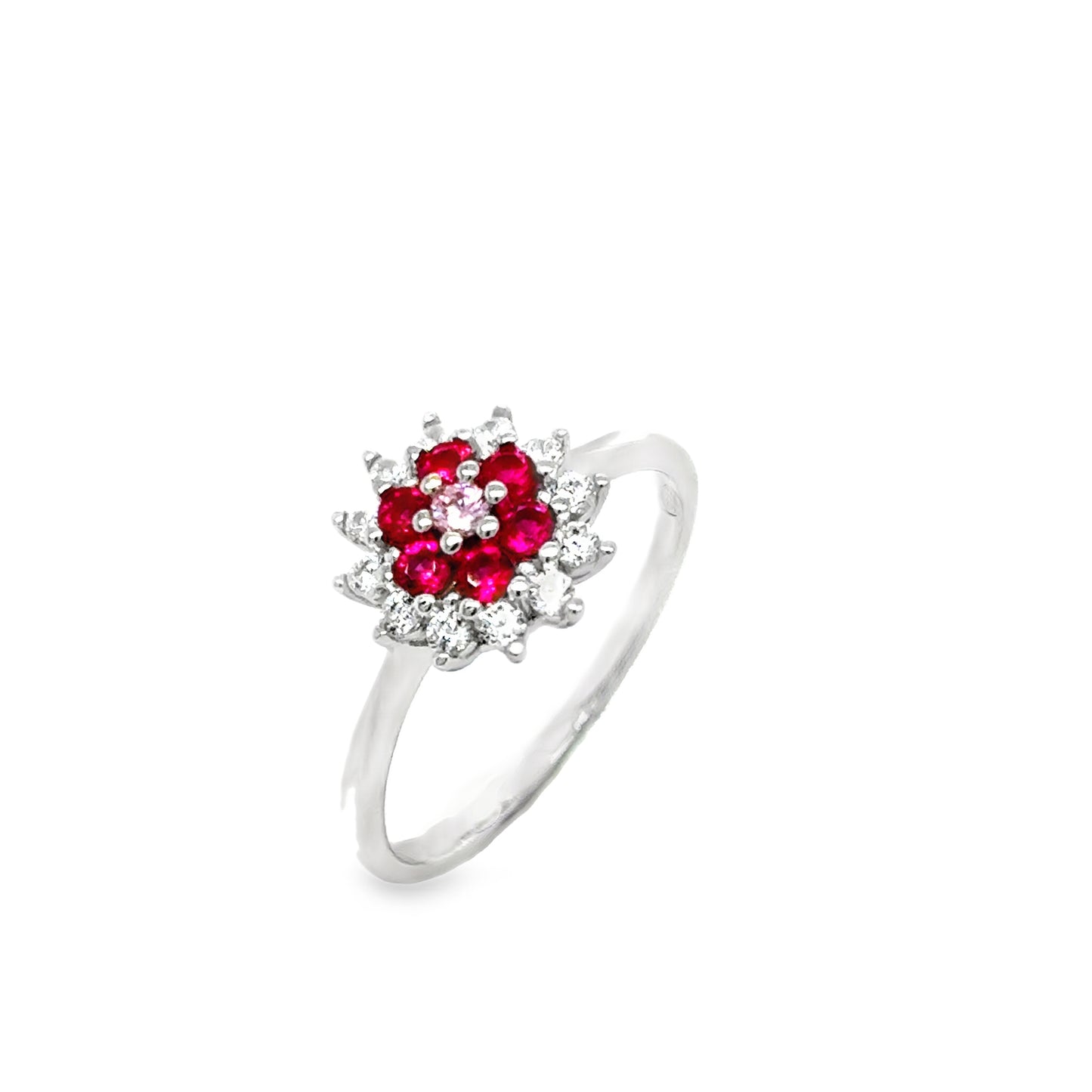 Sterling Silver CZ & RedFlower Cluster Ring