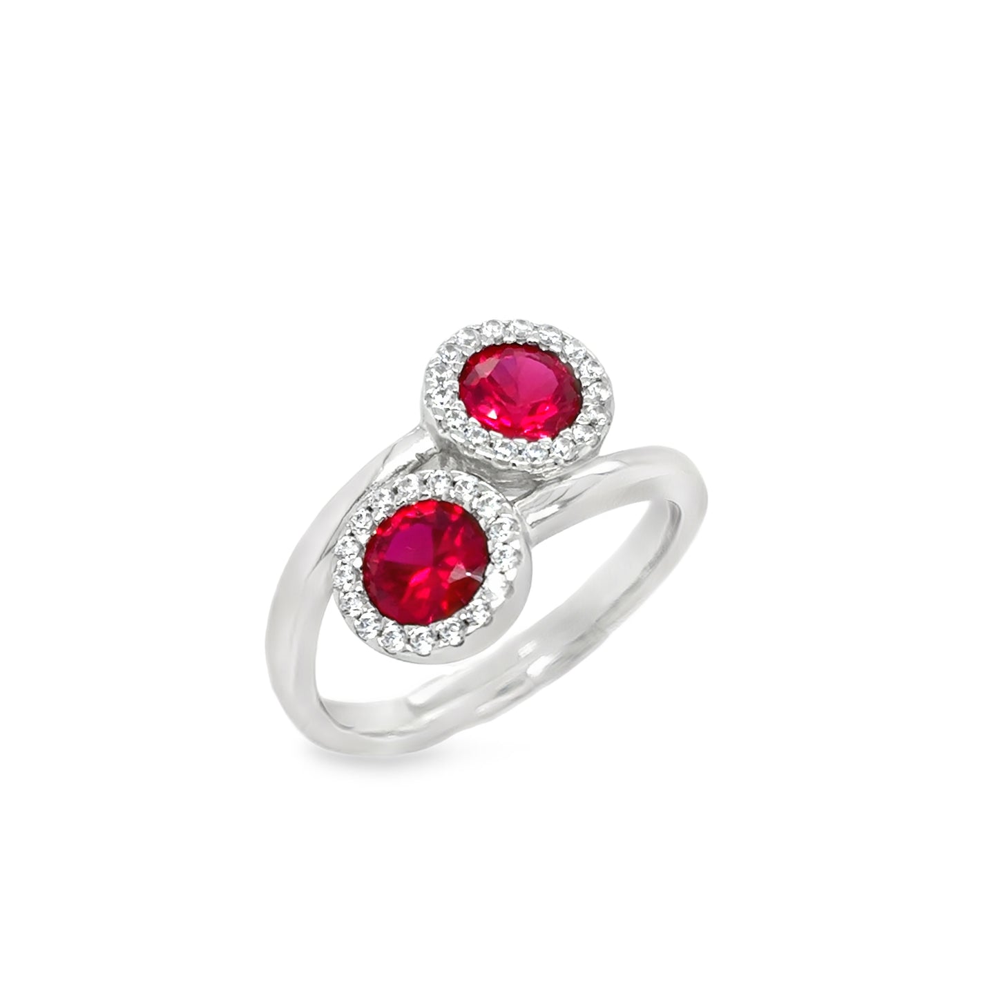Sterling Silver CZ & Red 2 Stone Twist Ring