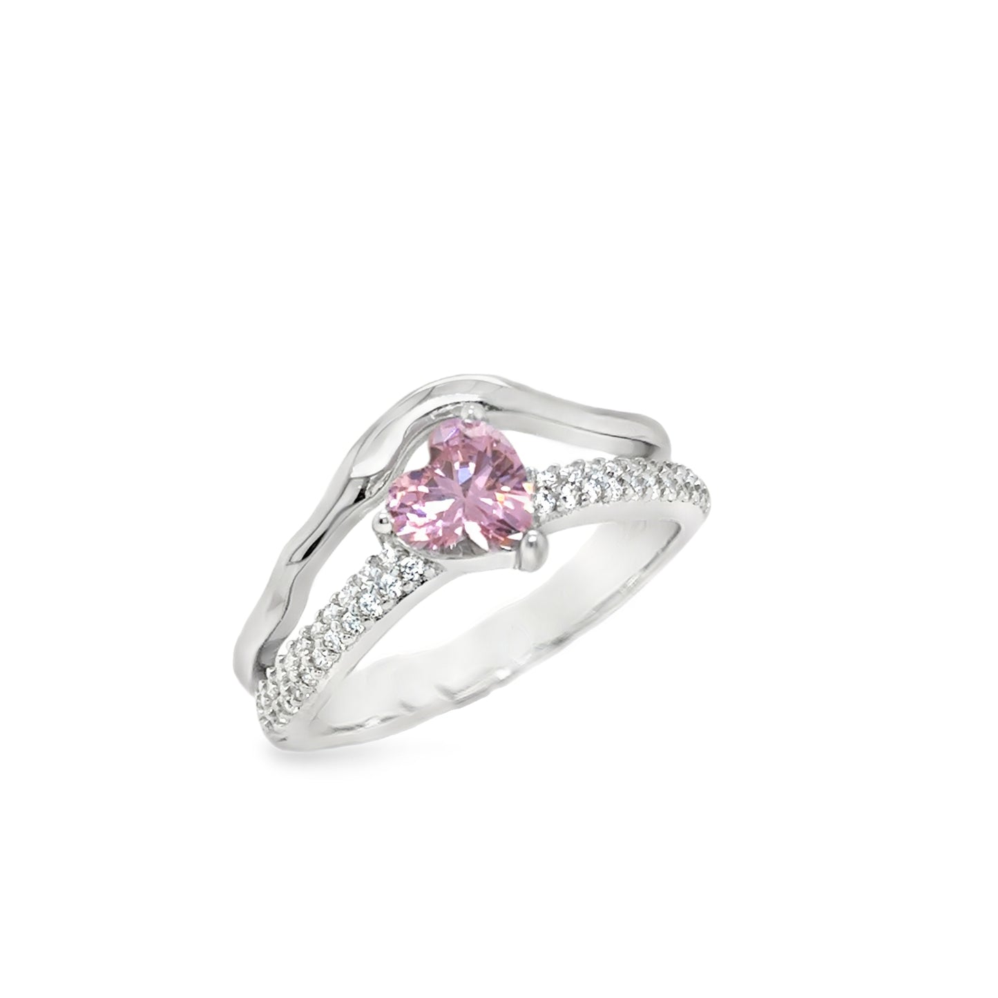 Sterling Silver Pink CZ Heart Split Shoulder Wave Ring