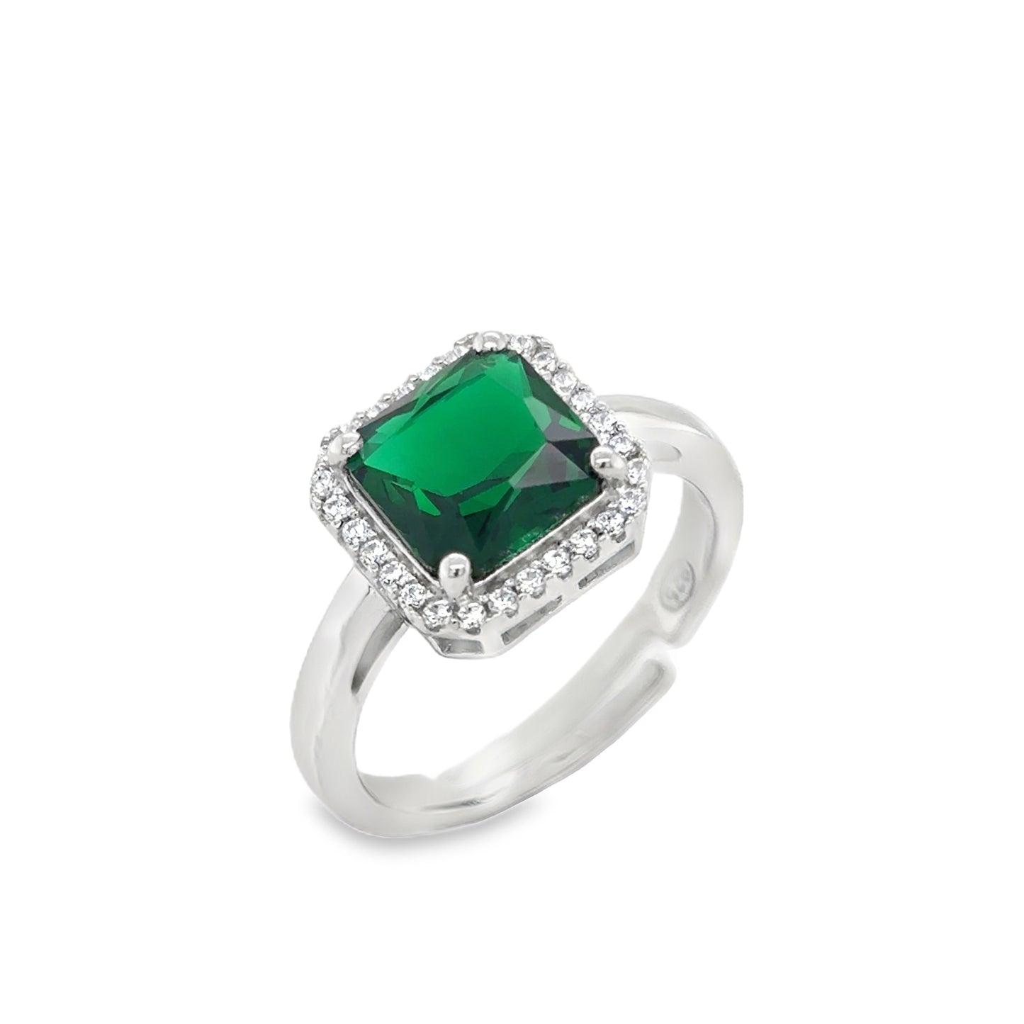 Sterling Silver Green Cushion Cut Halo Ring