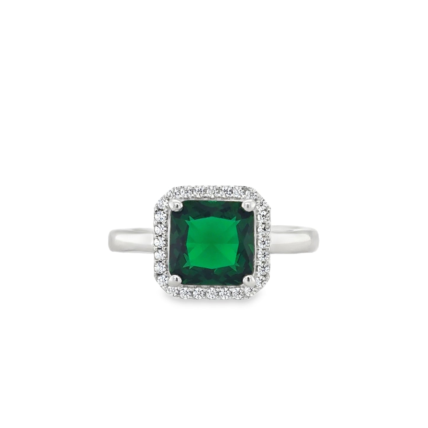Sterling Silver Green Cushion Cut Halo Ring