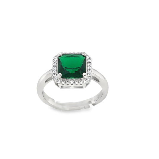 Sterling Silver Green Cushion Cut Halo Ring