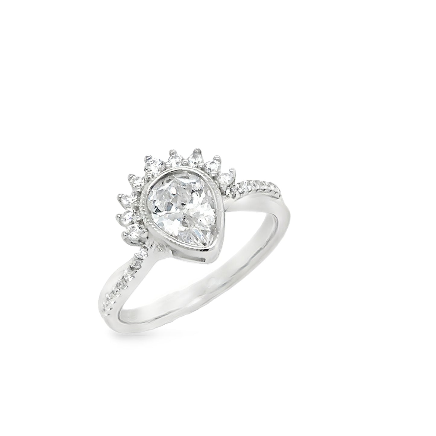 Sterling Silver CZ PearHalf Halo Ring With Shoulders