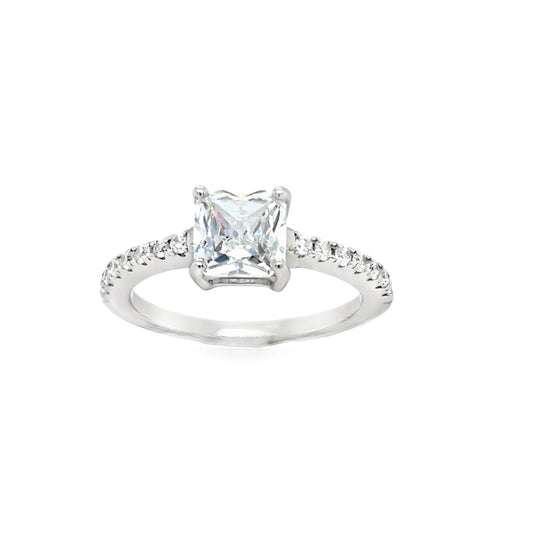 Sterling Silver Squarer CZ Ring With CZ Shoulders
