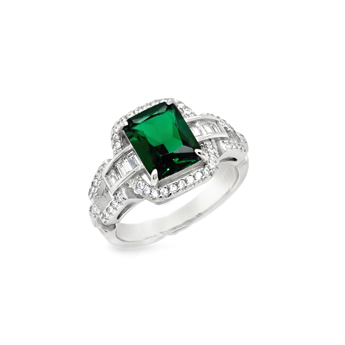 Sterling Silver CZ & Green Rectangular Halo Art Deco Style Ring