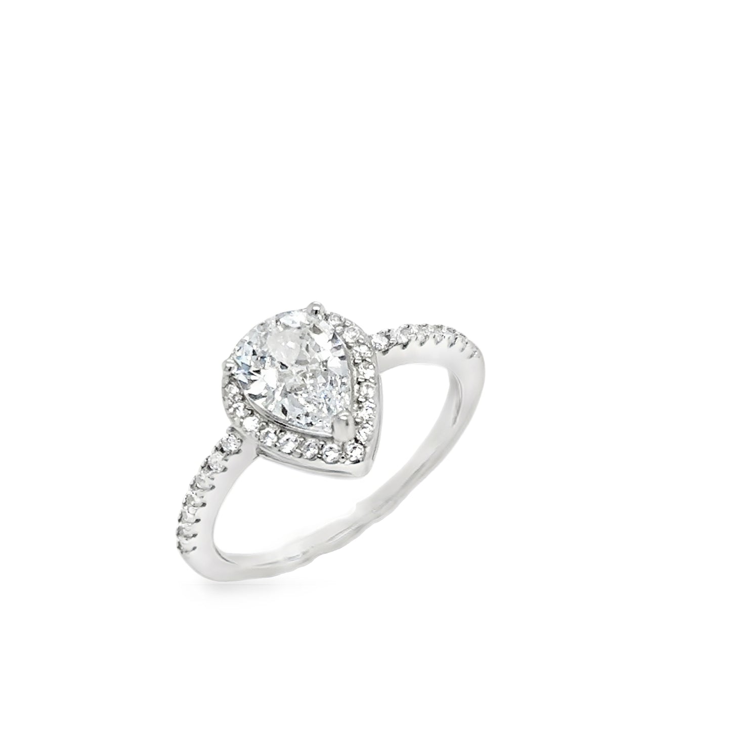 Sterling Silver CZ Pear Halo Ring With CZ Shoulders