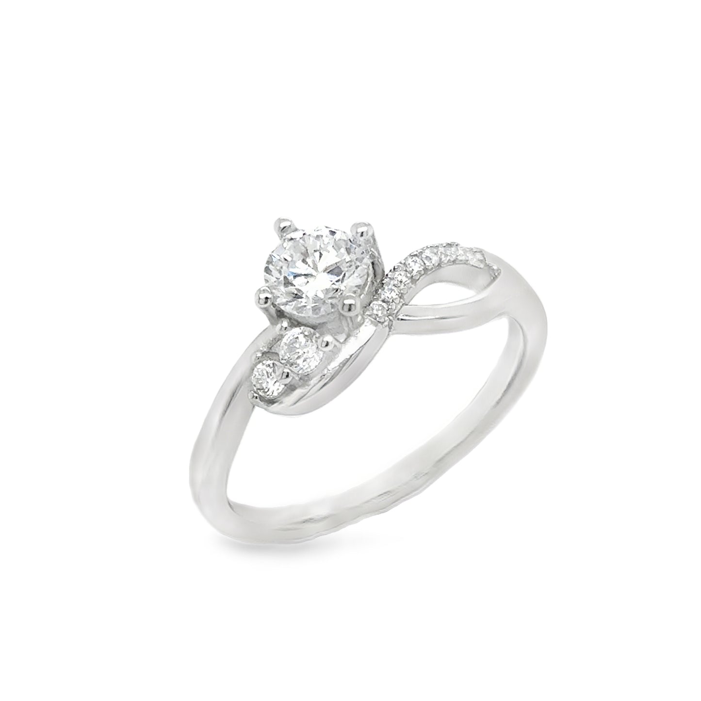 Sterling Silver CZ Soliatire Twist Ring With CZ Shoulders
