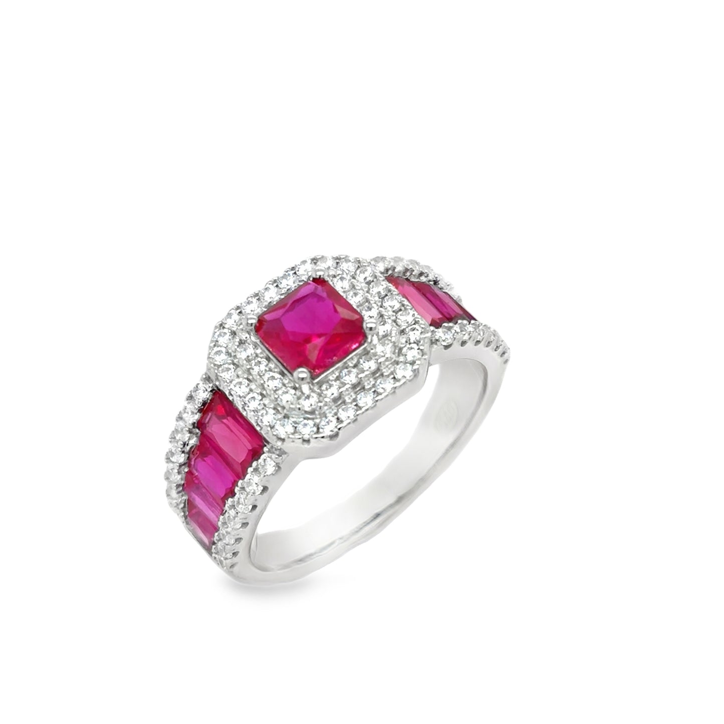 Sterling Silver Red & CZ Square Art Deco Ring With Shoulders