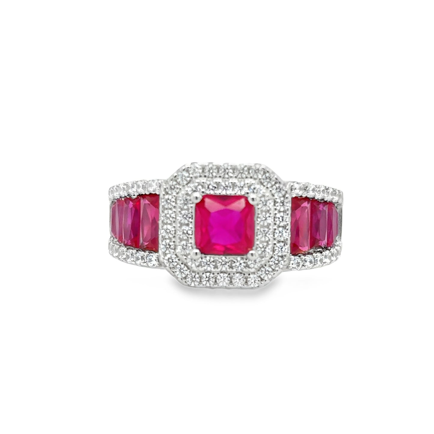 Sterling Silver Red & CZ Square Art Deco Ring With Shoulders