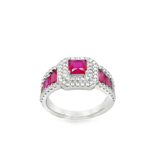 Sterling Silver Red & CZ Square Art Deco Ring With Shoulders