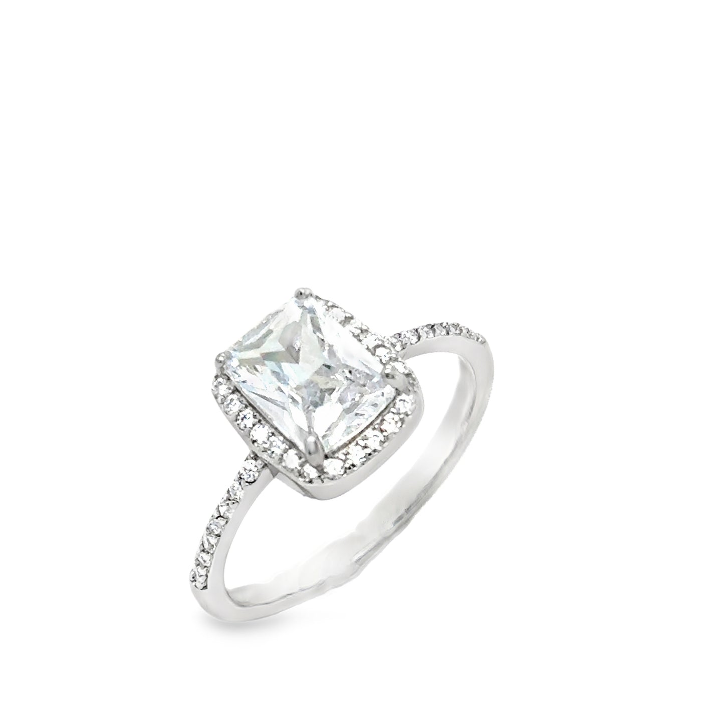 Sterling Silver Rectangular CZ  Halo Ring With CZ Shoulders