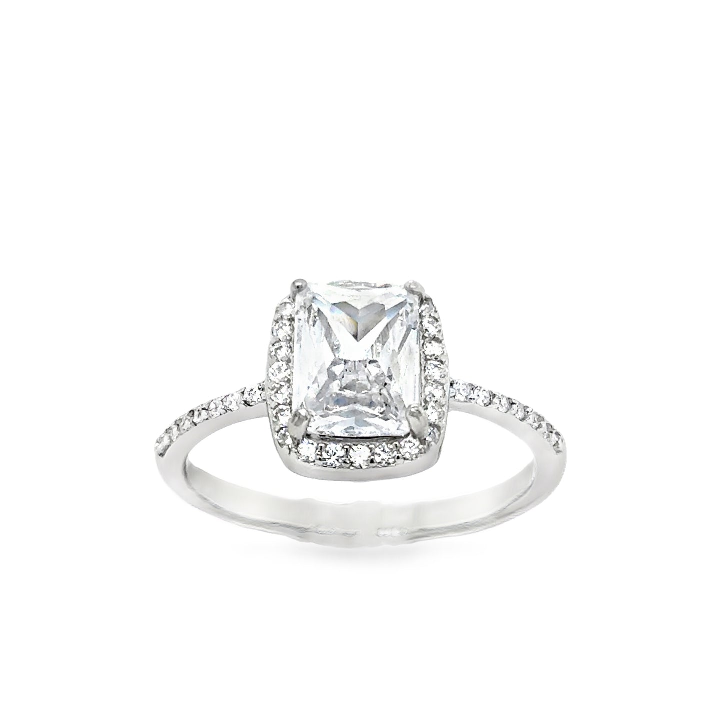 Sterling Silver Rectangular CZ  Halo Ring With CZ Shoulders