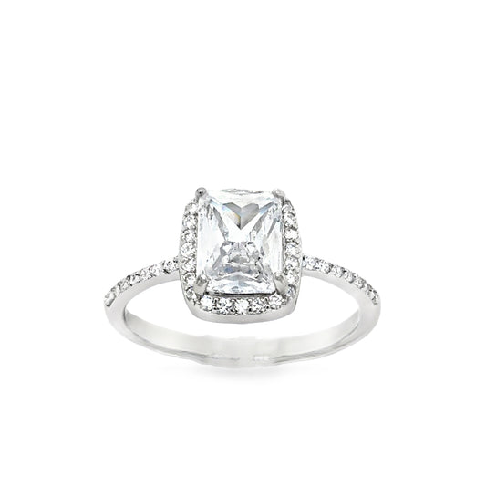 Sterling Silver Rectangular CZ  Halo Ring With CZ Shoulders