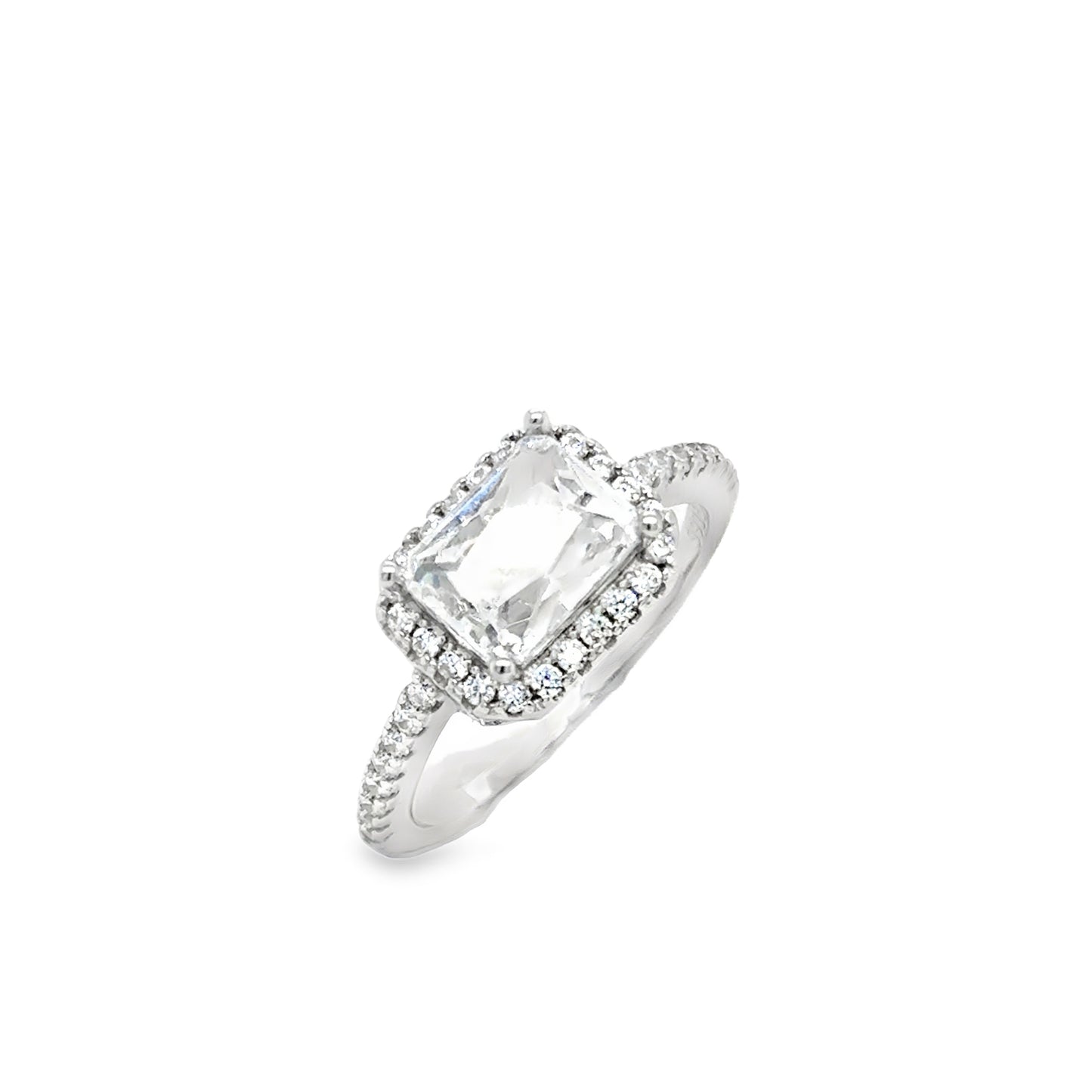 Sterling Silver Rectangular CZ  Halo Ring With CZ Shoulders