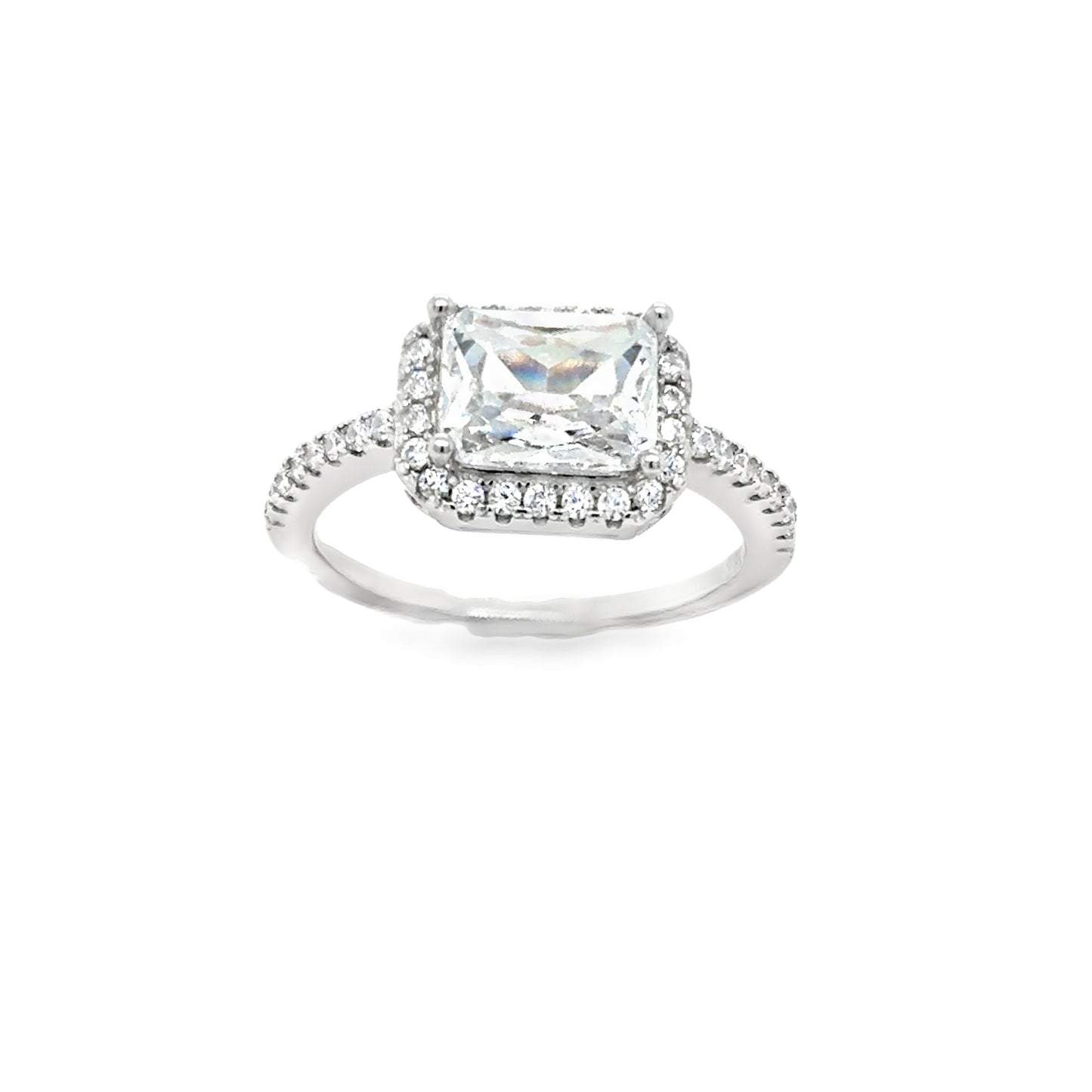 Sterling Silver Rectangular CZ  Halo Ring With CZ Shoulders