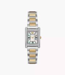 Ladies Two Tone Armani Genni Square Mother Of Pearl Dial With CZ Bezel