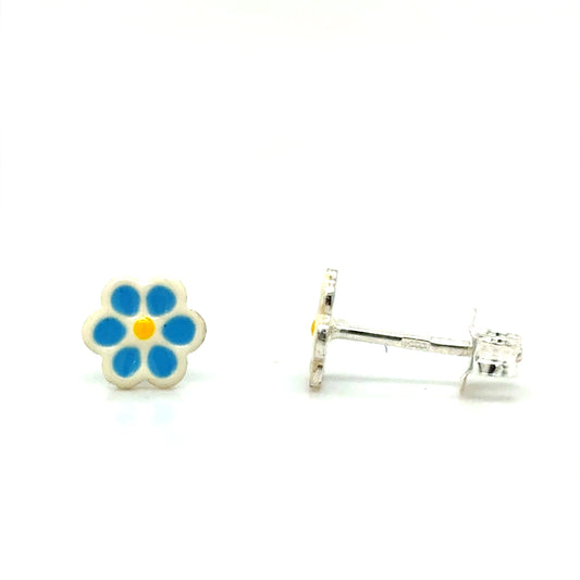 Sterling Silver Kids Enamel Blue & White Flower Earrings
