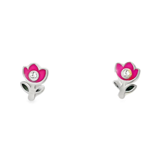 Sterling Silver Kids Enamel Pink Flower Earrings