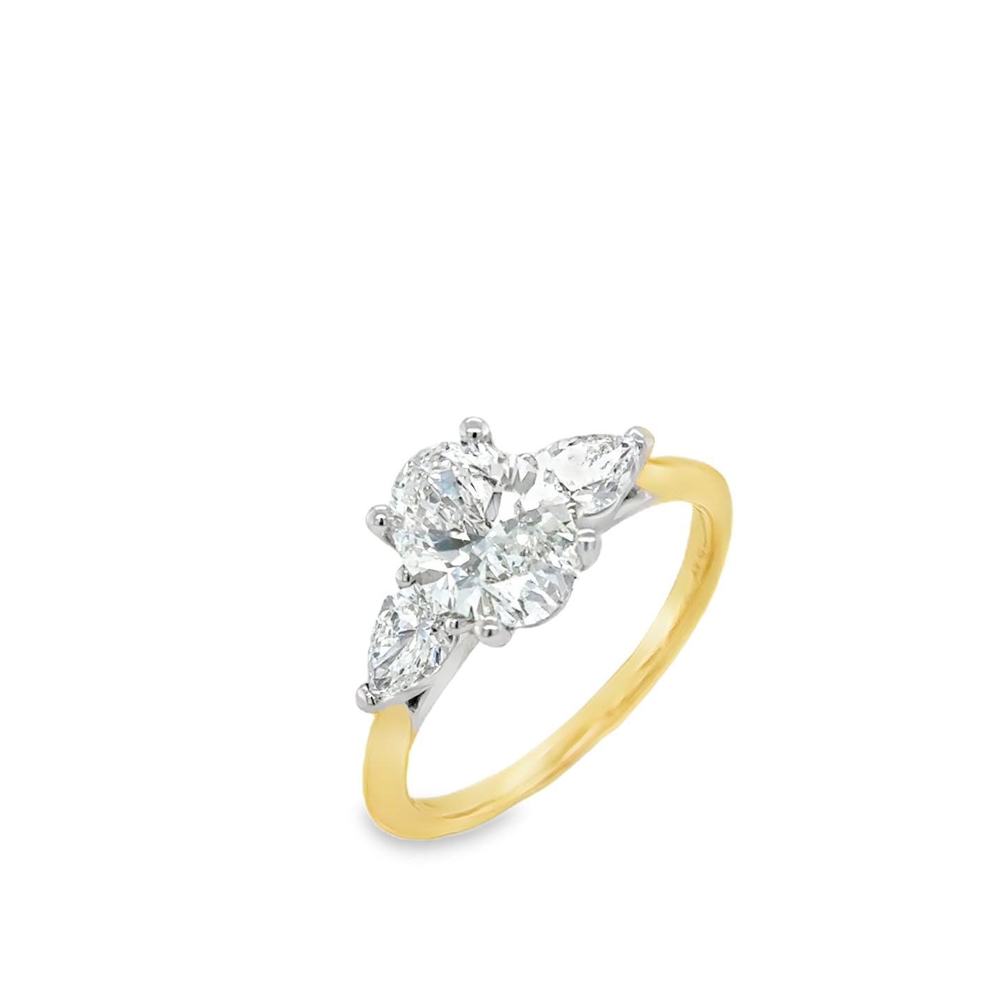 18ct 3 Stone Cultured Diamond Oval Centre Stone With Cultured Pear Cut Shoulders 2.10ct