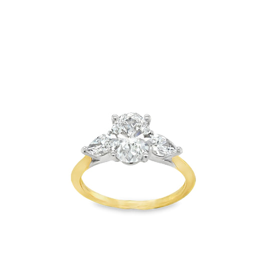 18ct 3 Stone Cultured Diamond Oval Centre Stone With Cultured Pear Cut Shoulders 2.10ct