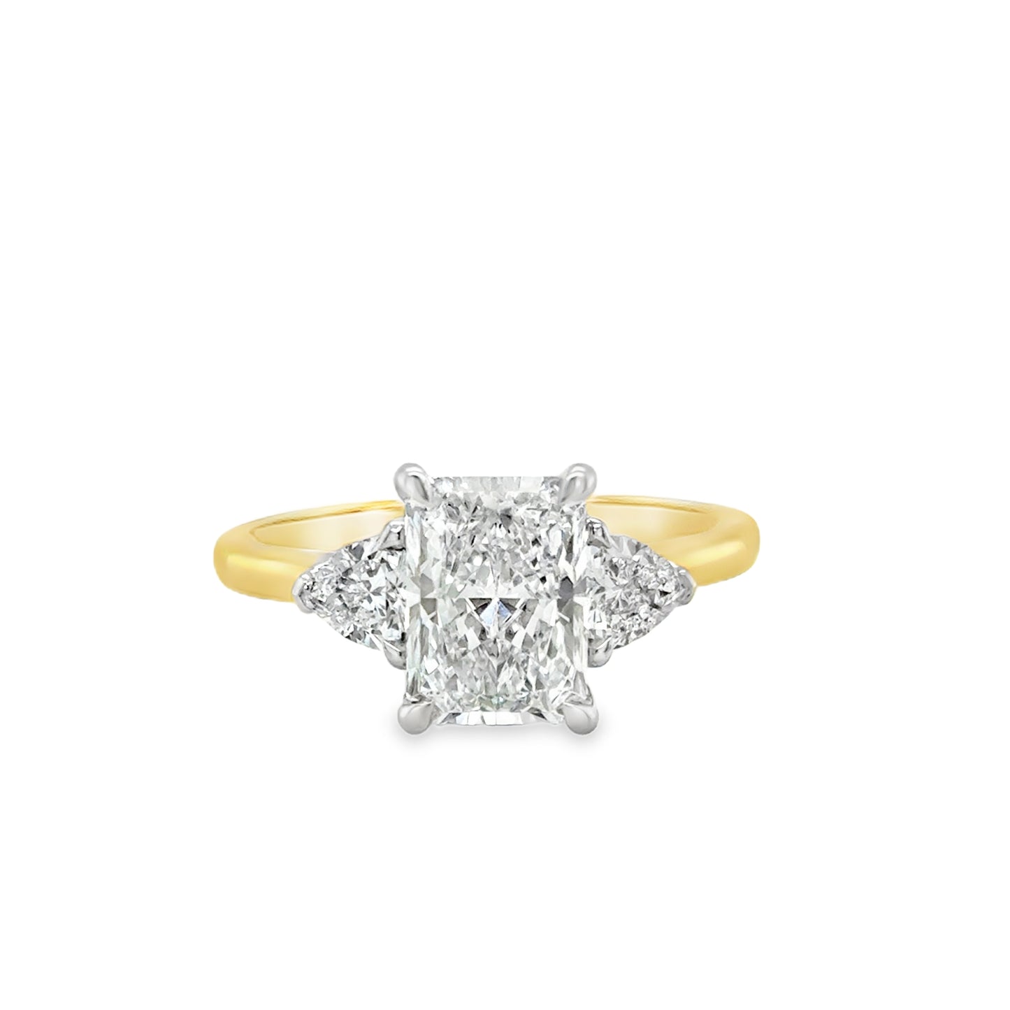 18ct 3 Stone Radient Cut Cultured Diamond RIng With Trillion Cut Cultured Diamond Shoulders 2.45ct
