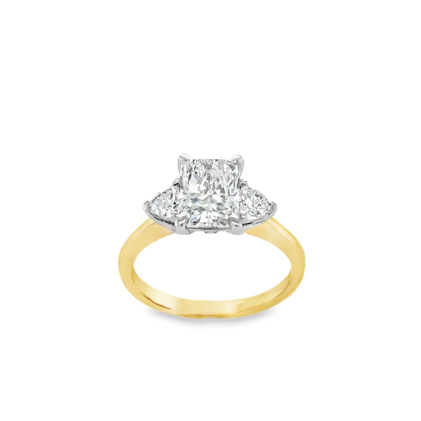 18ct 3 Stone Radient Cut Cultured Diamond RIng With Trillion Cut Cultured Diamond Shoulders 2.45ct