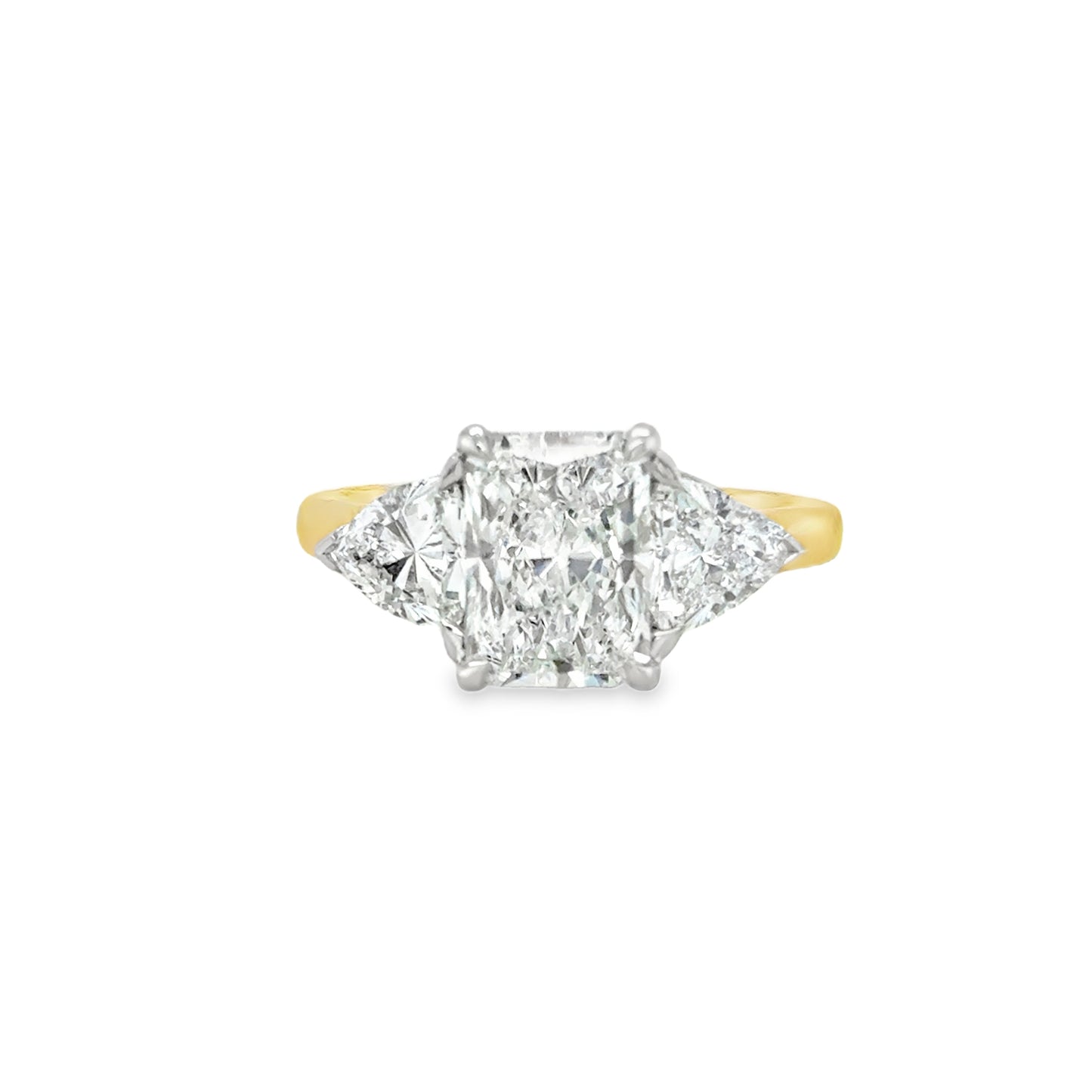 18ct 3 Stone Radient Cut Cultured Diamond RIng With Trillion Cut Cultured Diamond Shoulders 3.00ct