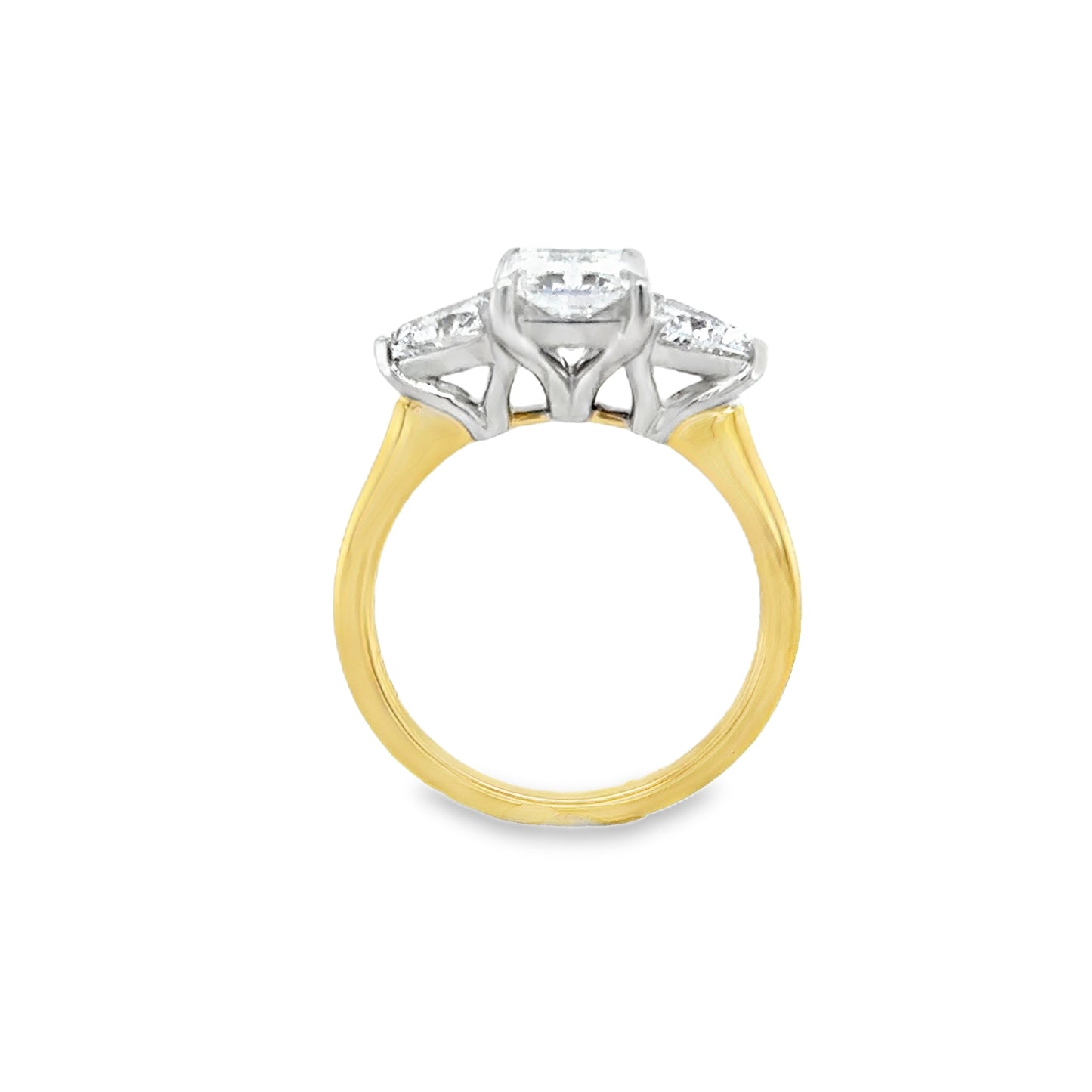18ct 3 Stone Radient Cut Cultured Diamond RIng With Trillion Cut Cultured Diamond Shoulders 3.00ct