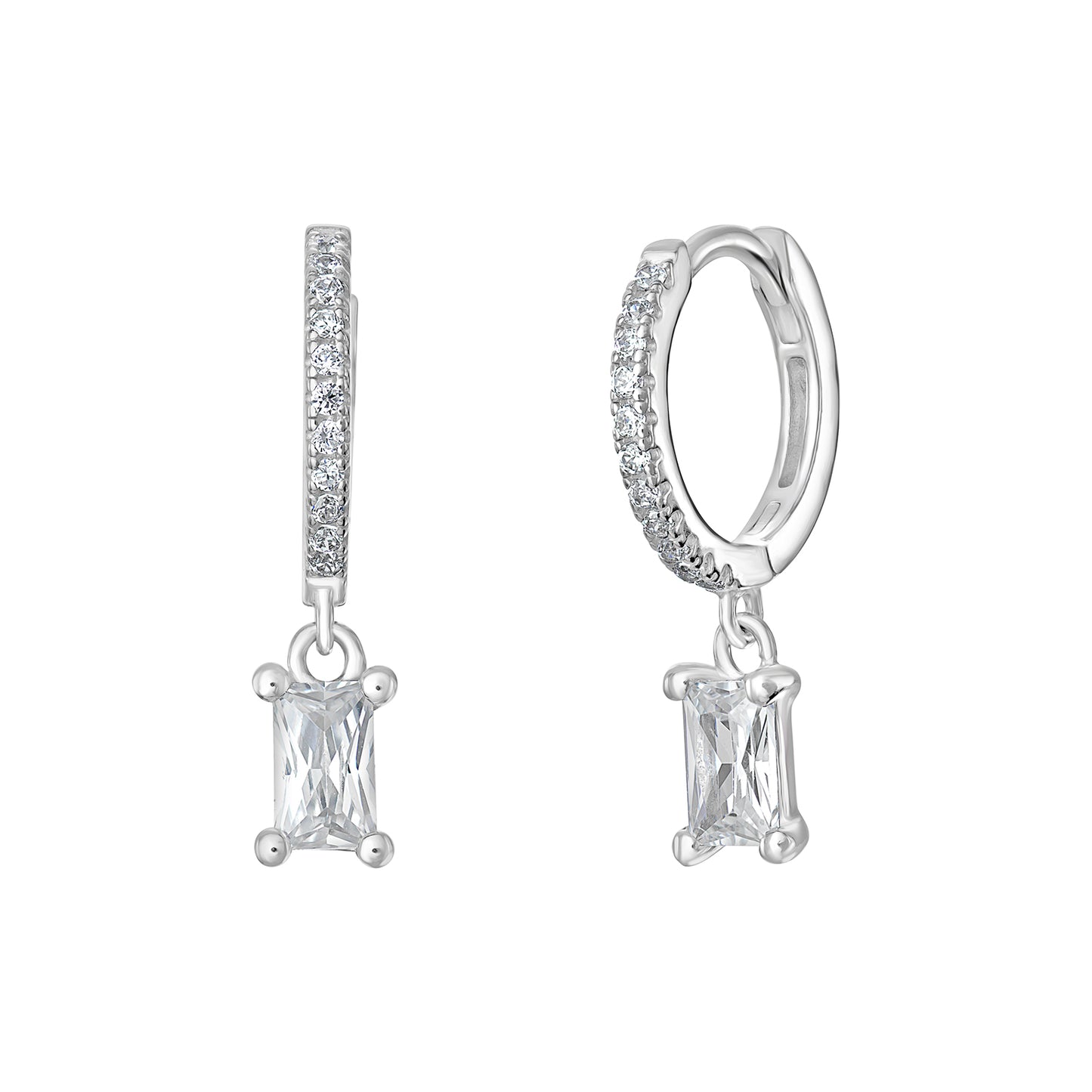 Sterling Silver CZ Emerald Cut Drop Hoop Earrings