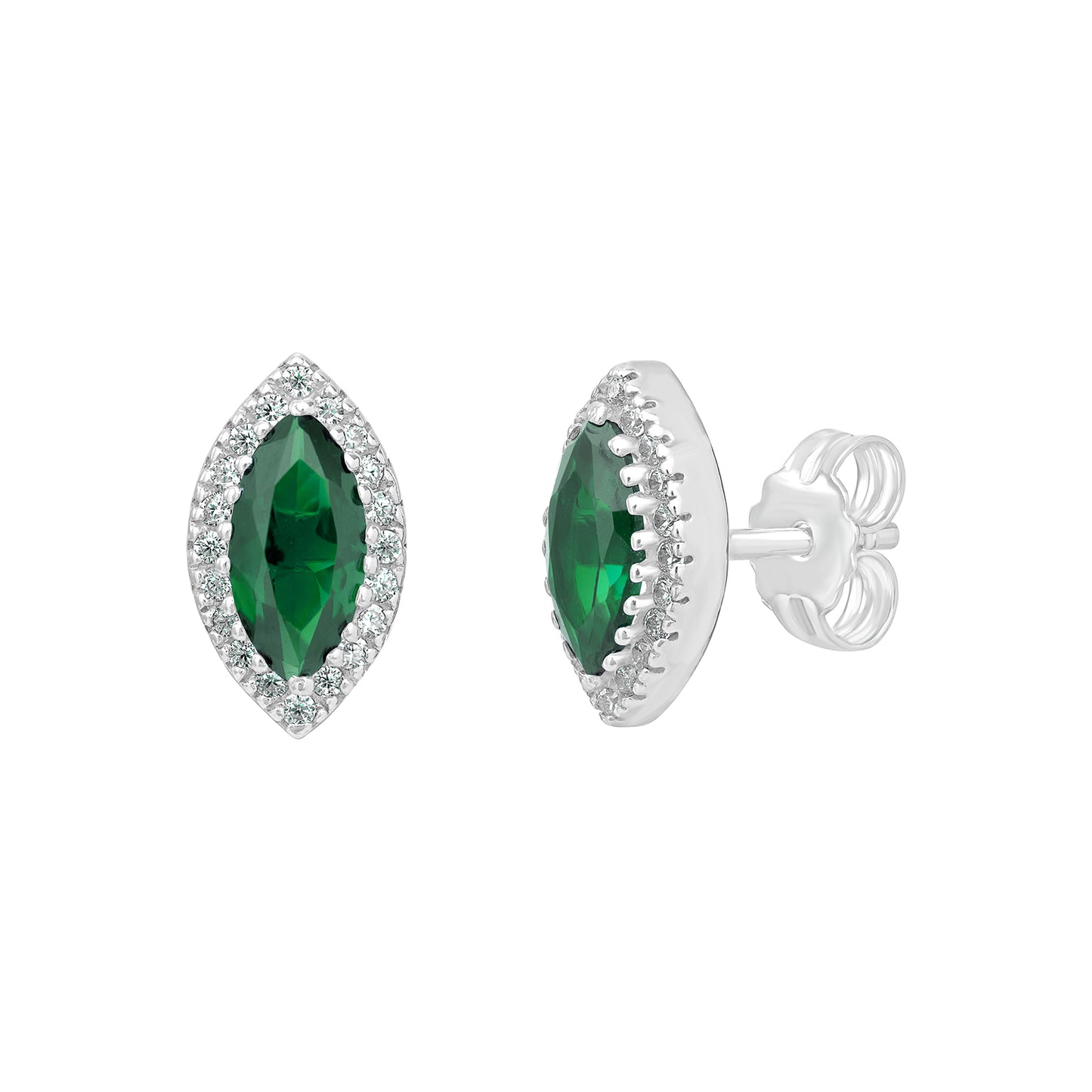 Sterling Silver Green CZ Marquise Halo Stud Earrings