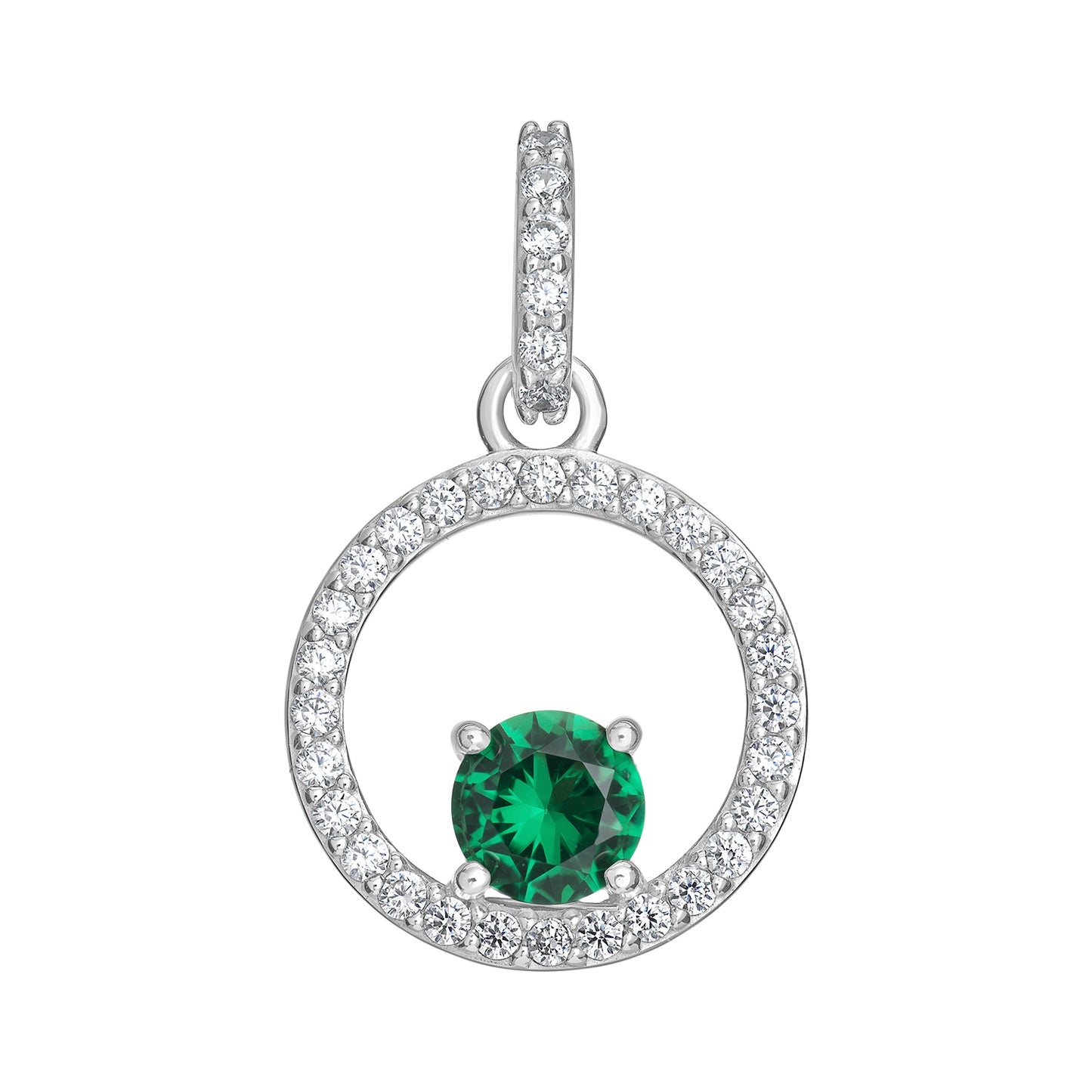 Sterling Silver CZ Open Circle Drop Pendant With Green CZ Centre