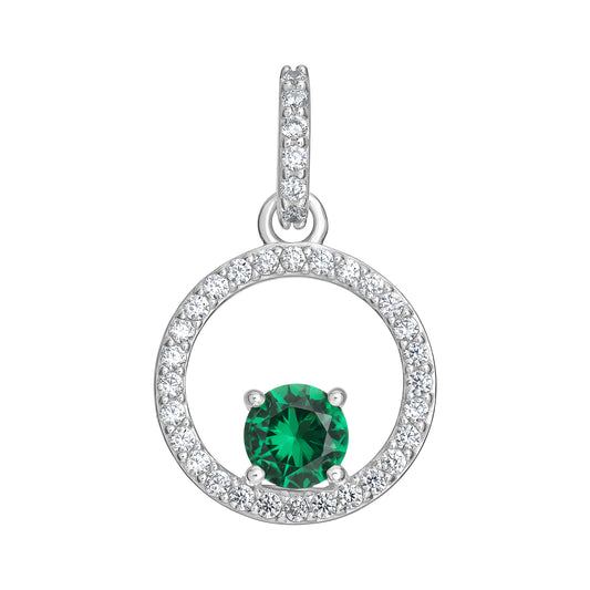 Sterling Silver CZ Open Circle Drop Pendant With Green CZ Centre