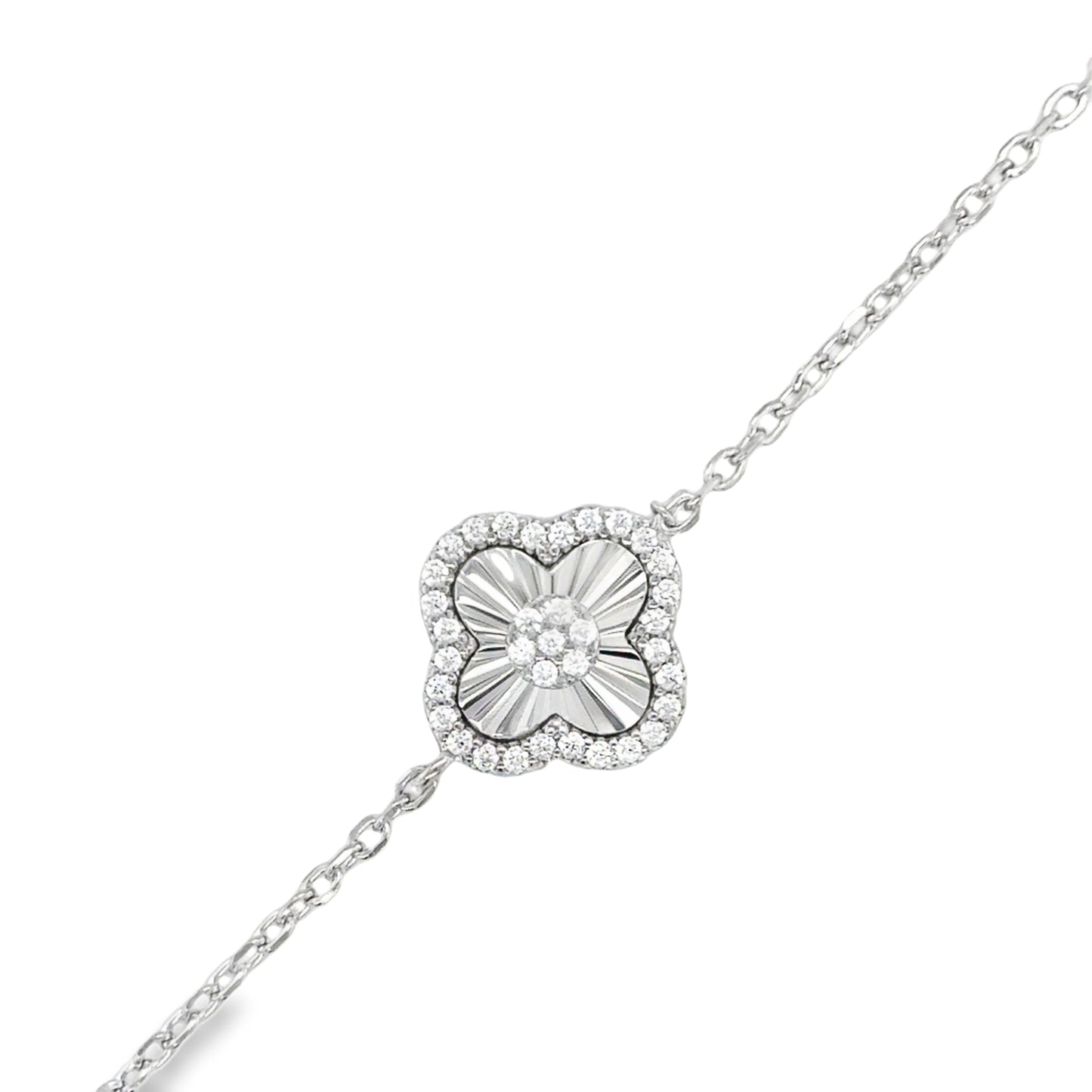 Sterling Silver CZ Diamond Cut Clover Bracelet