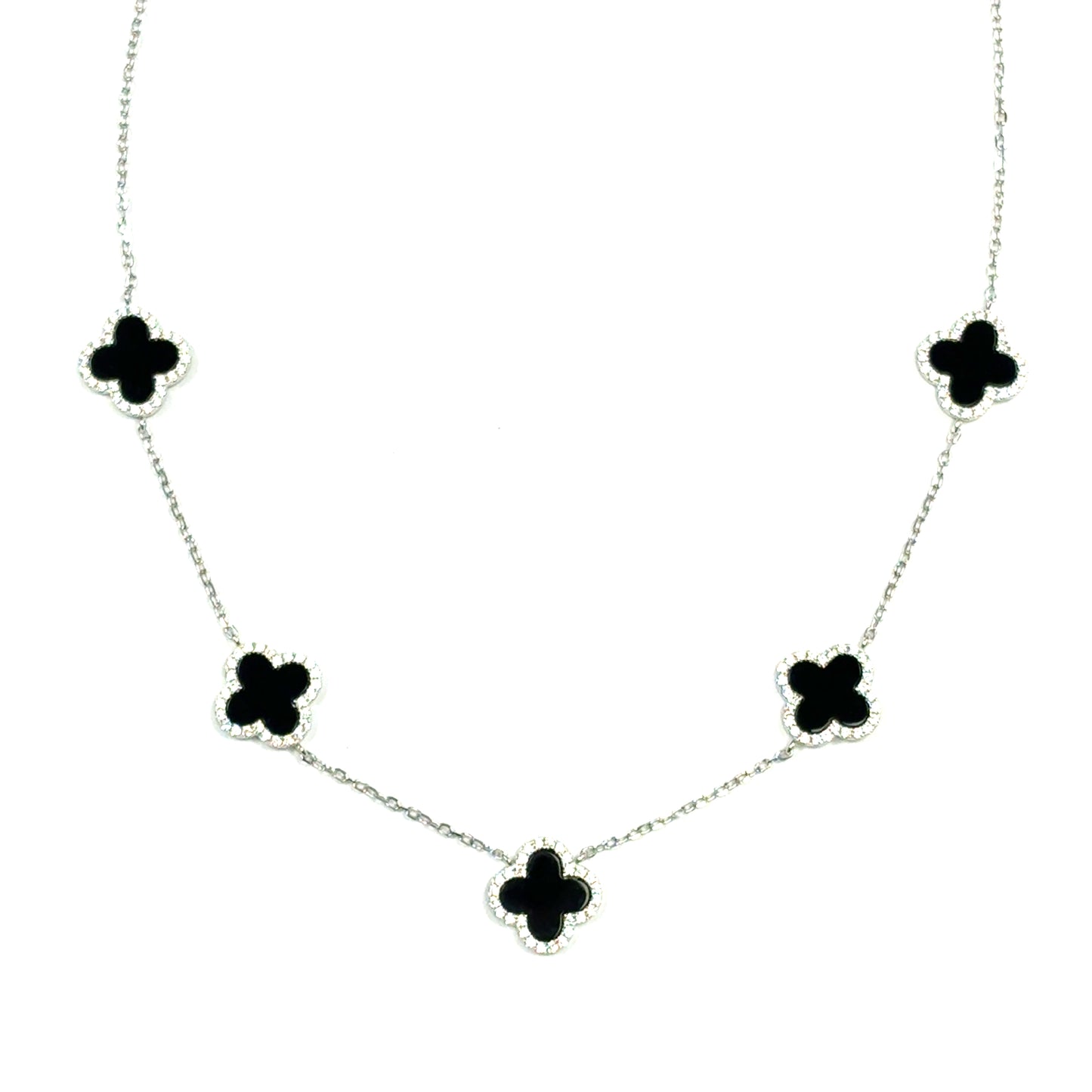 Sterling Silver CZ & Black Enamel Clover Scatter Necklet
