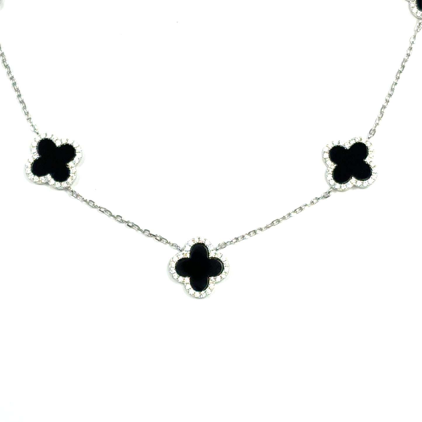 Sterling Silver CZ & Black Enamel Clover Scatter Necklet